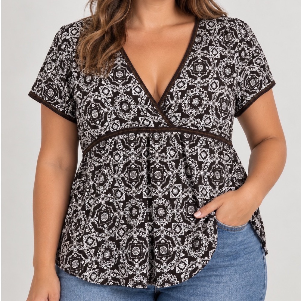 Y2K Medallion Print Babydoll Top Large Cotton Empire Waist Boho Brown White